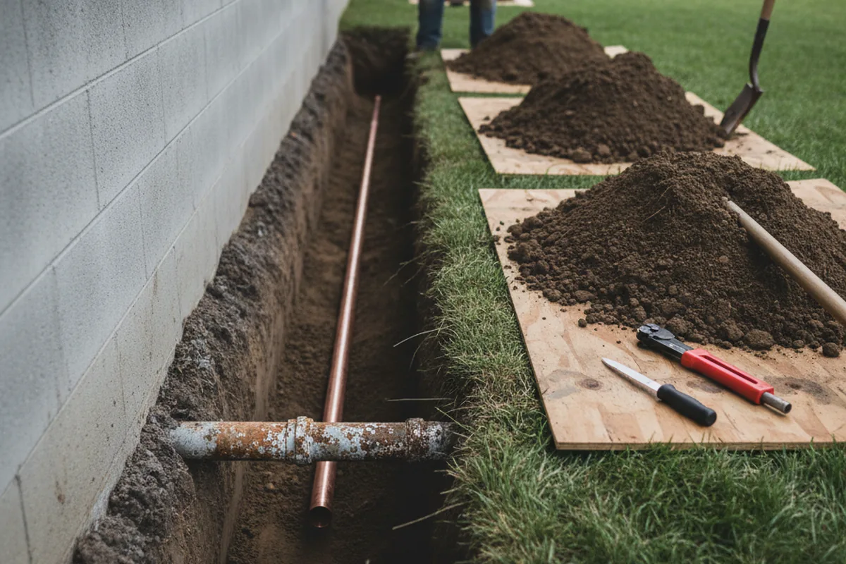 Excavated water line trench during Water Softener Installation in White River Junction